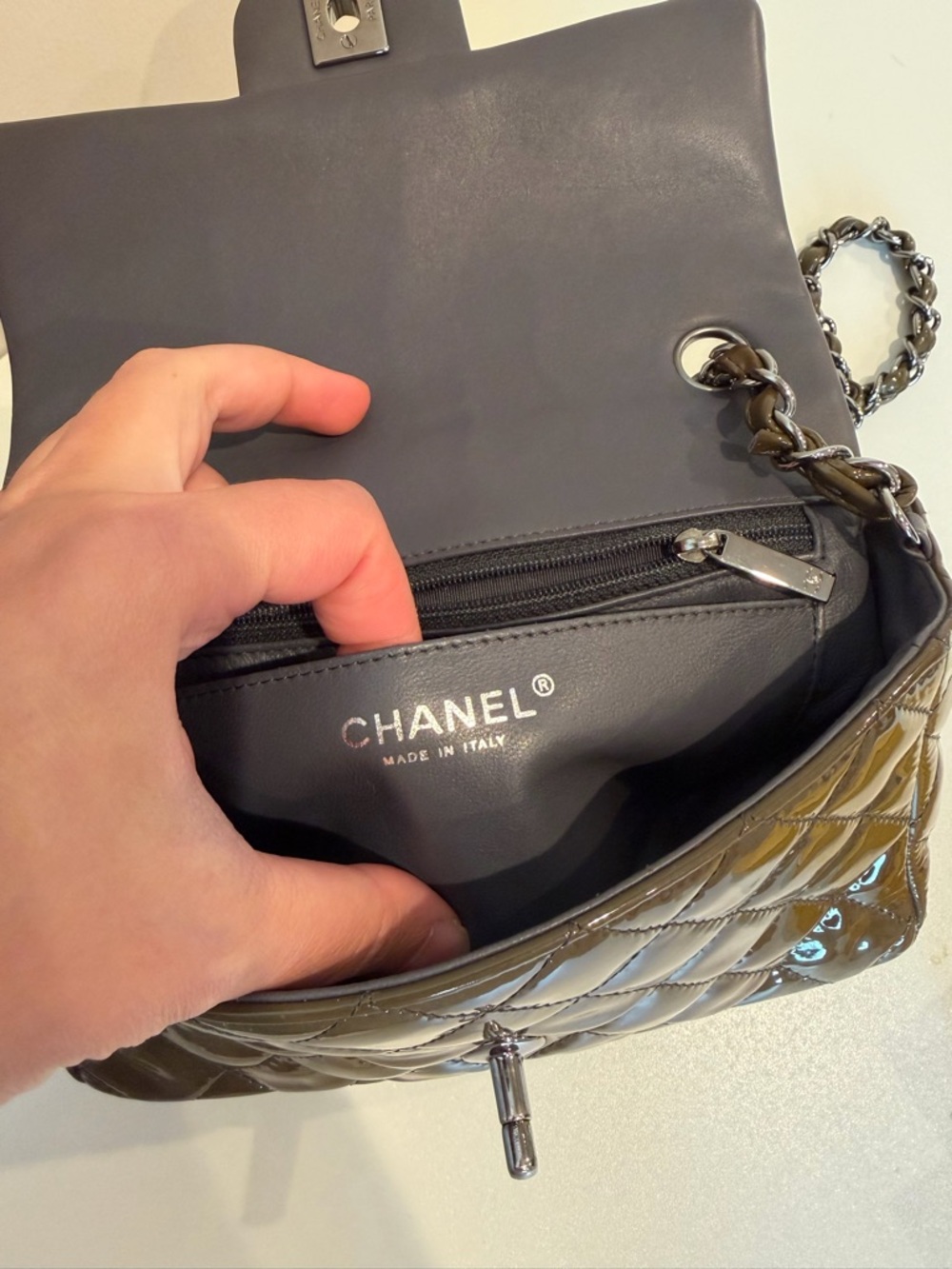 CHANEL Quilted Patent Leather Mini Flap Bag in Olive - Picture 13 of 16